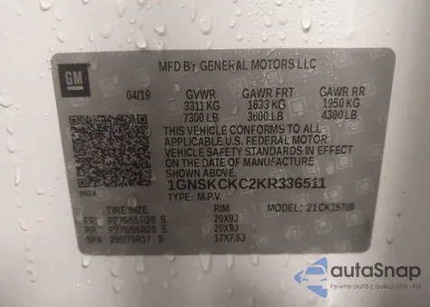 2019 Chevrolet Tahoe Premier z USA, uszkodzony, nr VIN 1GNSKCKC2KR336511